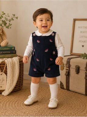The Beaufort Bonnet Company Navy Corduroy Shortall with Red Accent Embroidery